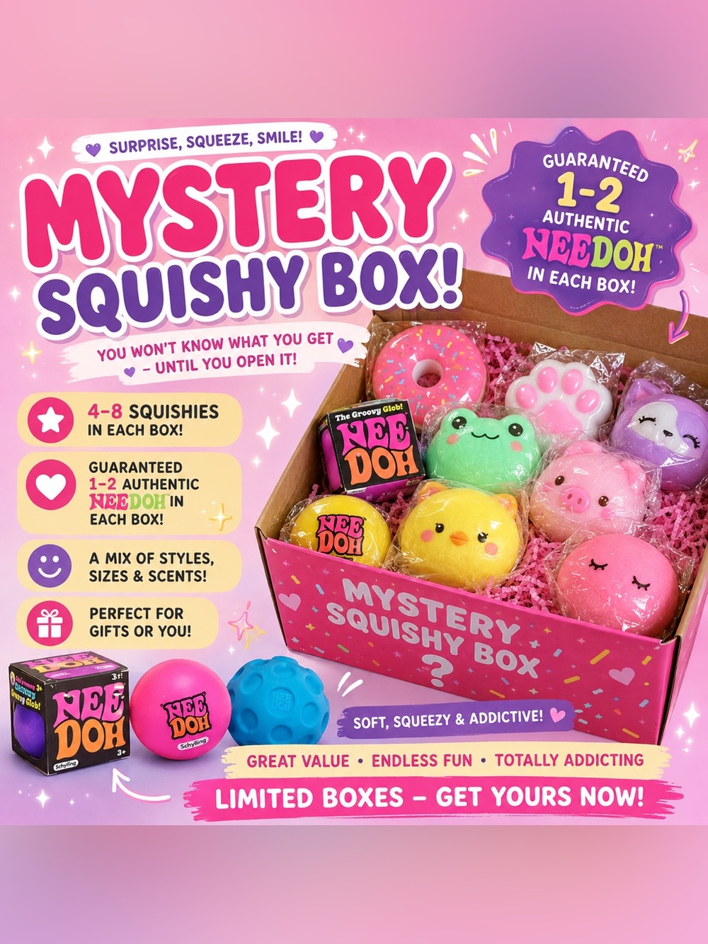 NEW Mystery Squishy Box (6 Squishies)- Boy or Girl -  Sensory Fidget Toys NeedOh
